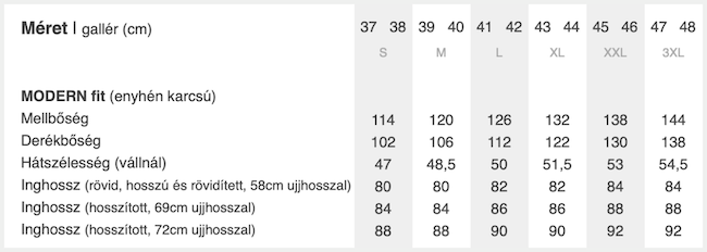 Olymp modern fit ing mérettáblázata